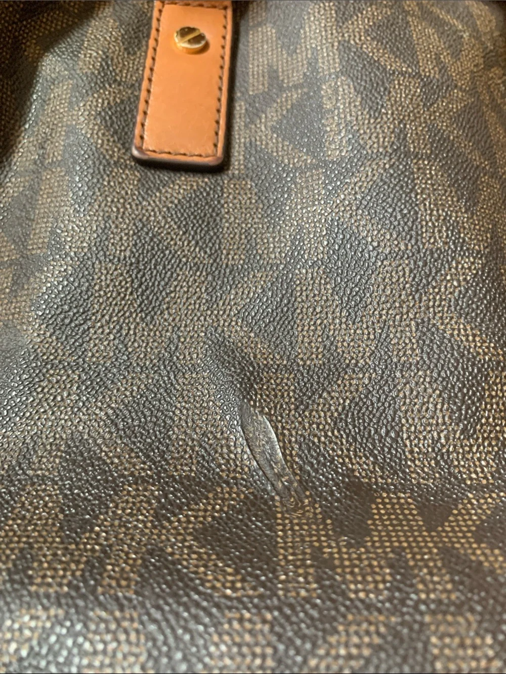 Michael Kors Brown Monogram Satchel with Tan Trim and Gold Hardware